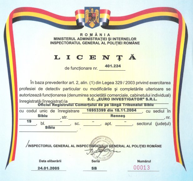 Private Investigator Romania License